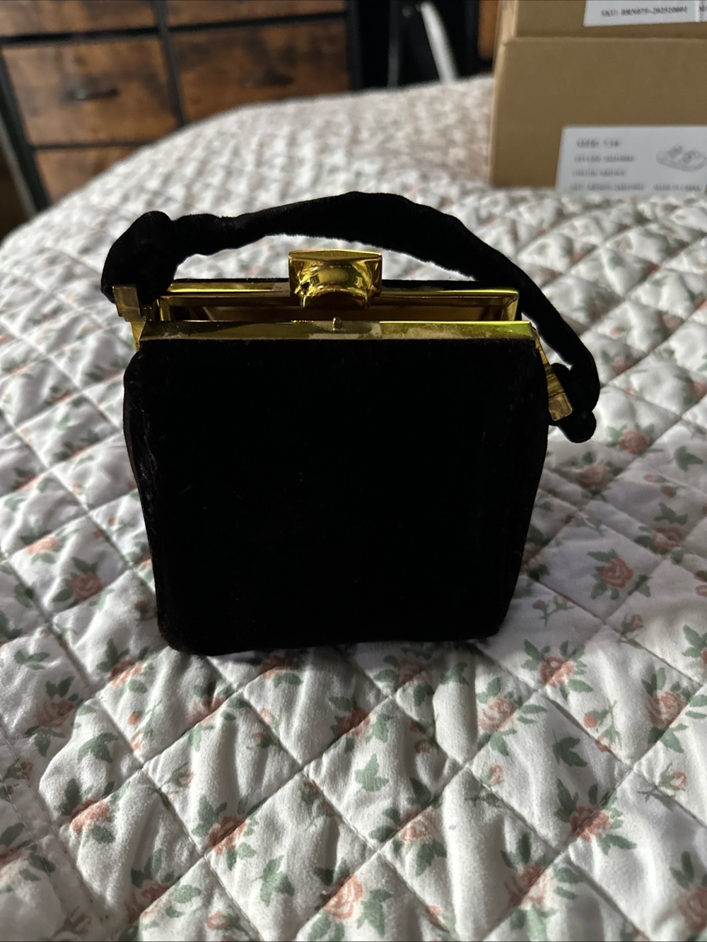 Vintage Black Velvet Evening Top-Handle Bag with Gold Hardware